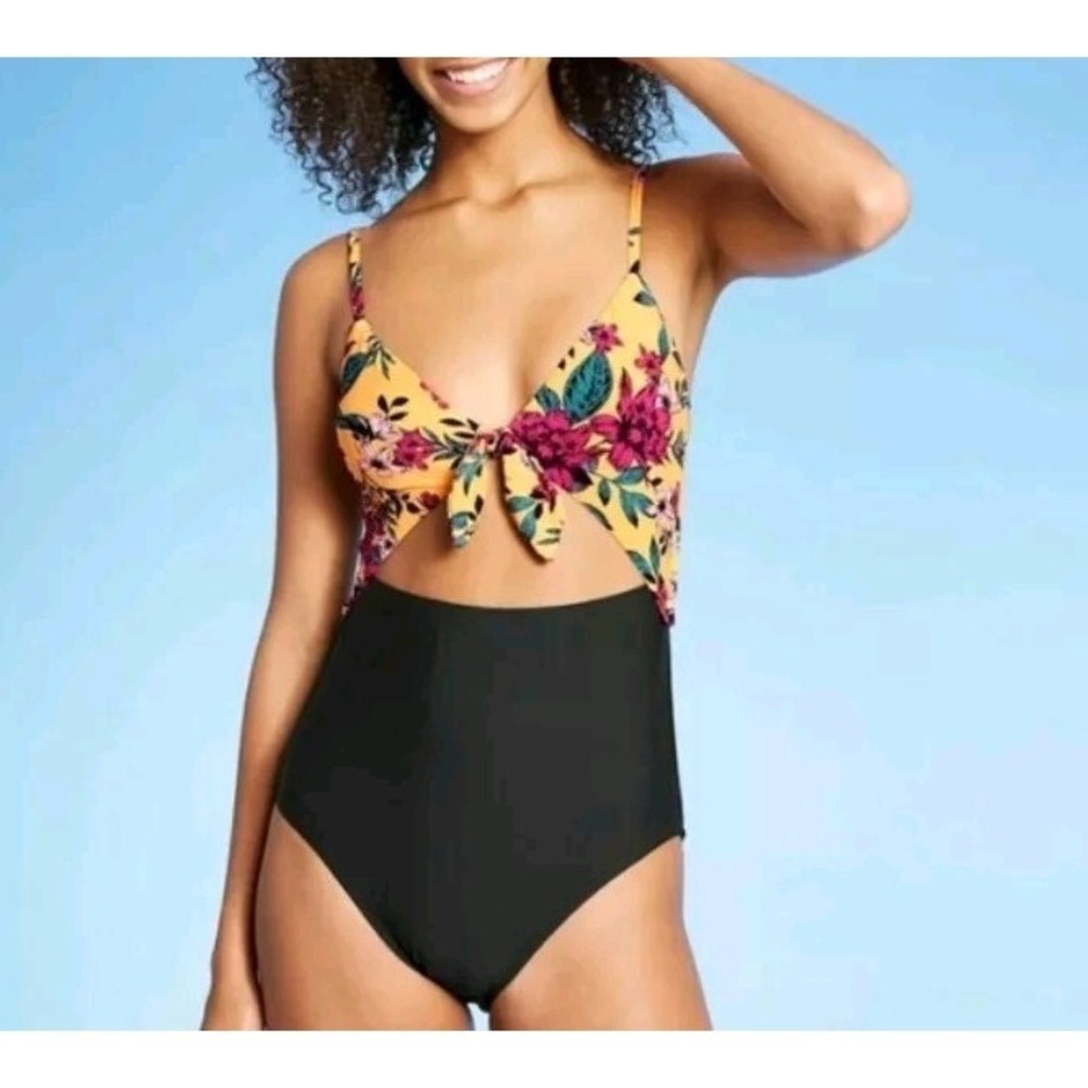 sea angel swimsuit M Hi-waisted Black Yellow Tie